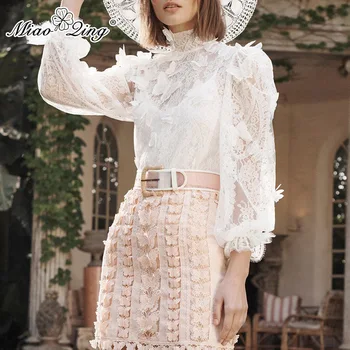 

MIAOQING Summer floral patchwork shirt for women with stand-up collar lanternsleevesandsee-throughshirtforwomen2019fashionupdate