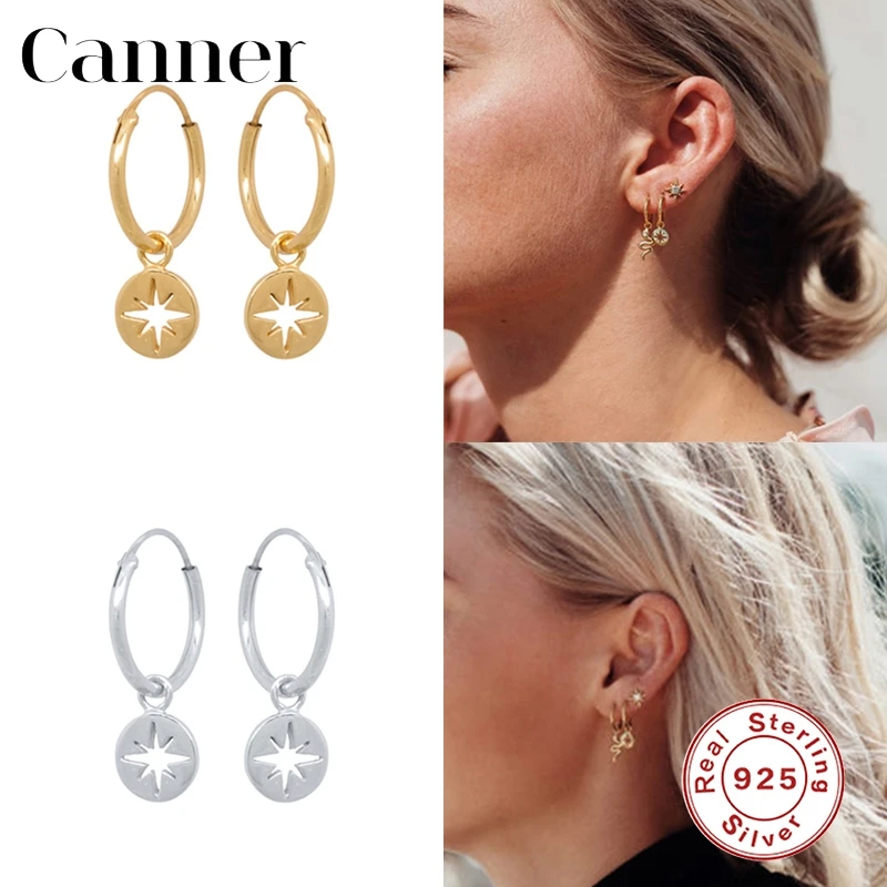 Canner-pendientes de aro de Plata de Ley 925 para Mujer, joyería fina versátil creativa con moneda de Estrella del Norte, W4