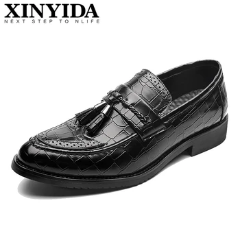 

XINYIDA Tassels Men Shoes Slip On Breathable Alligator Print Men Leather Shoes Fashion Pointed Toe Dress Shoes Men Size 38-44