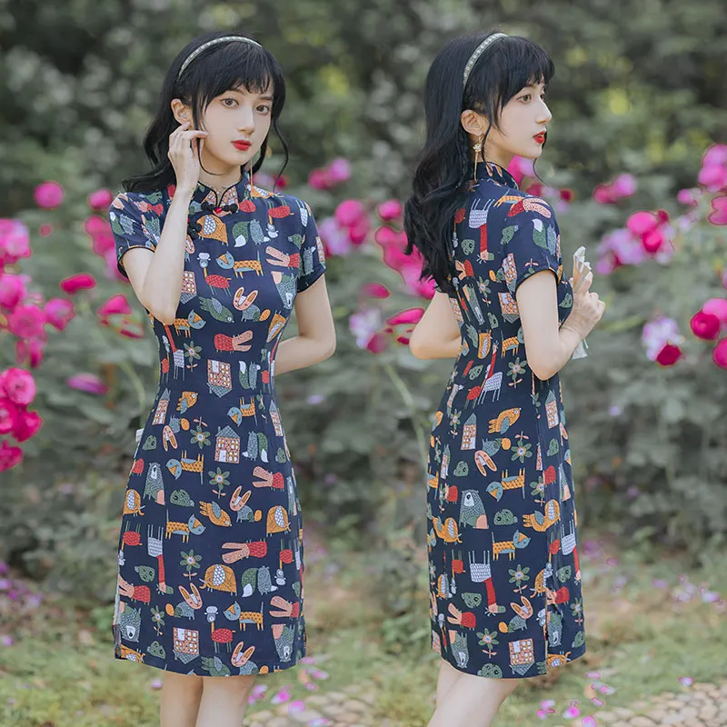 Cheongsam Dress Retro Literary Short-sleeved Knee-length Dress Casual Dress Women