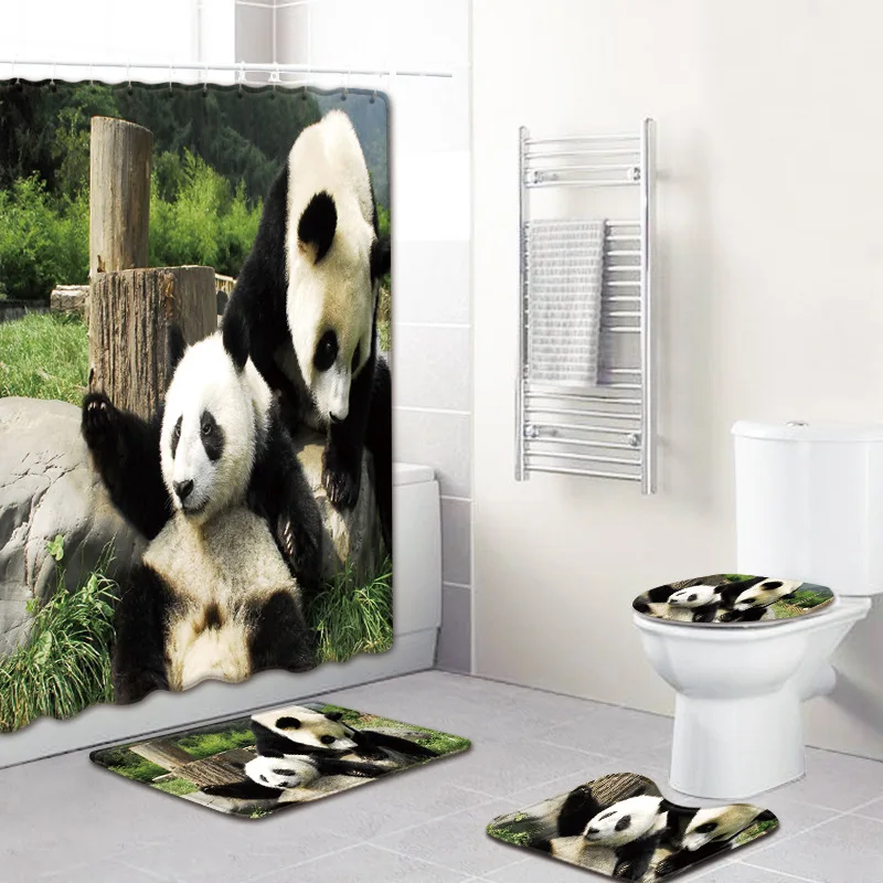 Занавеска для душа с принтом панды, 4 шт., покрытие для ковра, покрытие для унитаза, набор ковриков для ванной, занавеска для ванной комнаты с 12 крючками