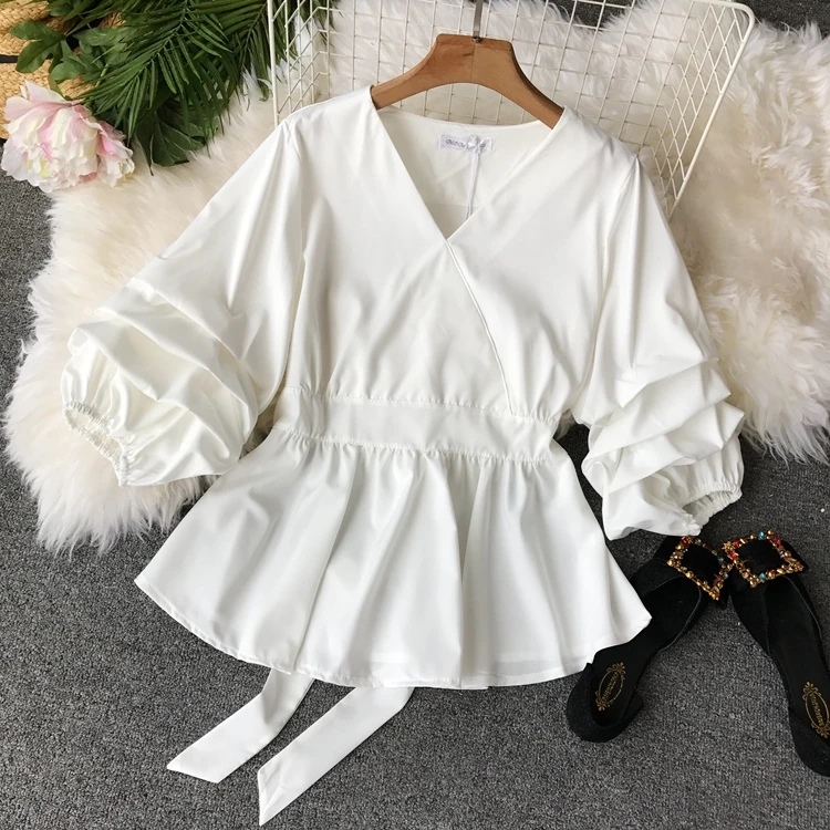 

2019 Autumn New Fahsion Korean Womens Tops Casual Solid Color V-Neck Lantern Sleeve Waist Design Blouses Women Shirts A67