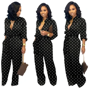 

Autumn Womens Long Sleeve Jumpsuit Turn-down Collar Black White Dots Regular Casual Jumpsuits with Lace-up Floor Length Trouser