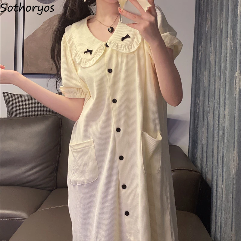 

Женские ночные рубашки с коротким рукавом, однотонная Милая Ночная рубашка с бантом для девочек, повседневная свободная повседневная одежда для сна, ночная рубашка, домашняя одежда для отдыха в Корейском стиле