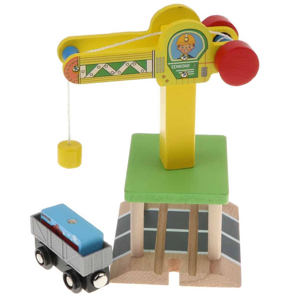Wooden Train Accessories - Track Crane & Freight Car - Compatible with All Major Brands