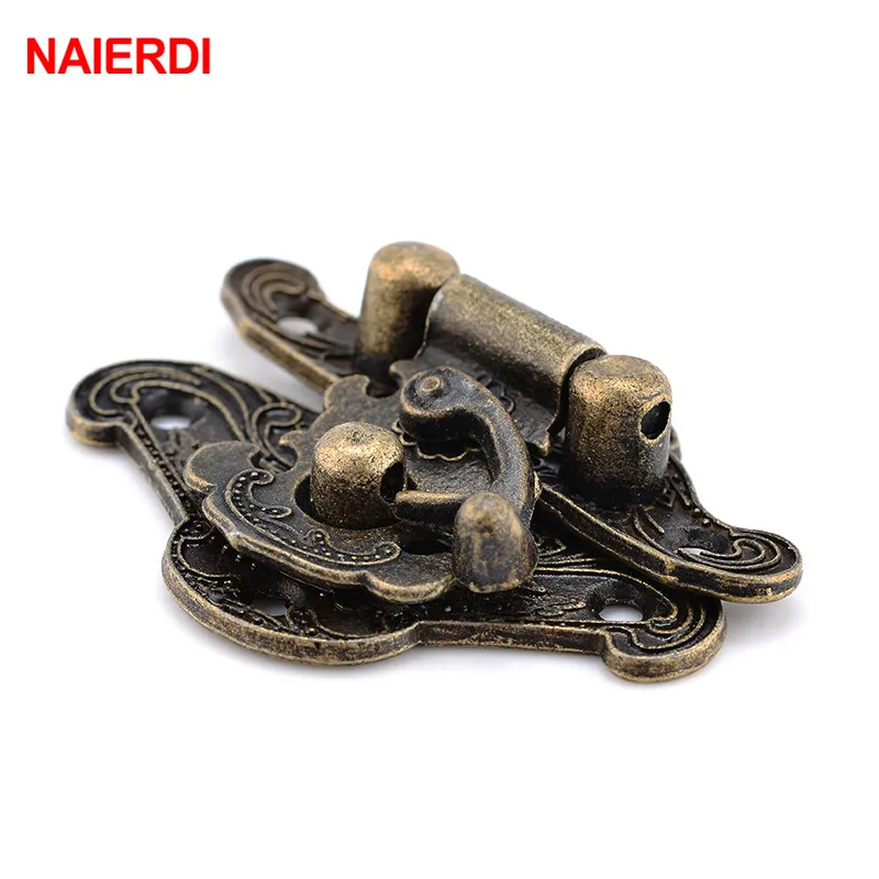 NAIERDI 4pcs 골동품 청동 Hasp 래치 쥬얼리 나무 상자 잠금 미니 캐비닛 버클 케이스 잠금 장식 핸들 3 크기