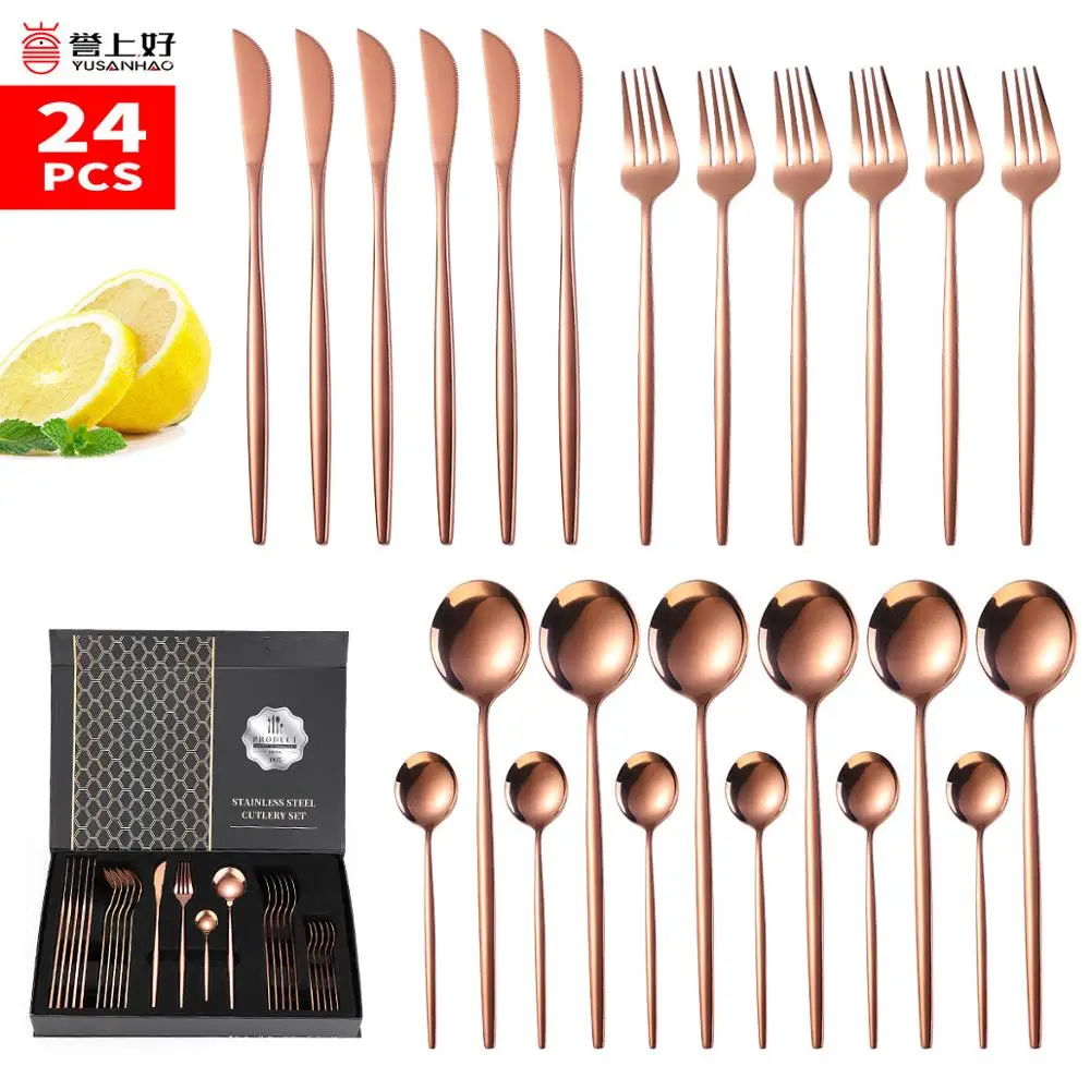 

Brandom High Quality Rose Gold Cutlery Set Stainless Steel Silverware 24pcs Flatware Set With Case