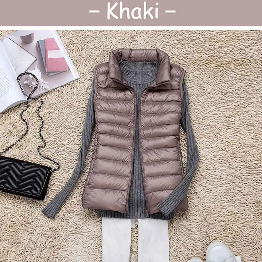 Khaki 91% белый жилет на утином пуху, женский зимний ультра-светильник, красивый модный жилет, куртка без рукавов, осенняя тонкая короткая куртка, пальто - Цвет: Khaki