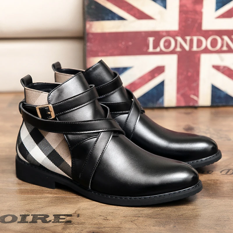 Leather Boots Mens Leather Boots Motorcycle Leather Boots Men Ankle Boots Genuine Leather Dress Shoes Buckle Strap Flats Pointed Toe Motorcycle Boots Casual Nightclub Party Footwear 48