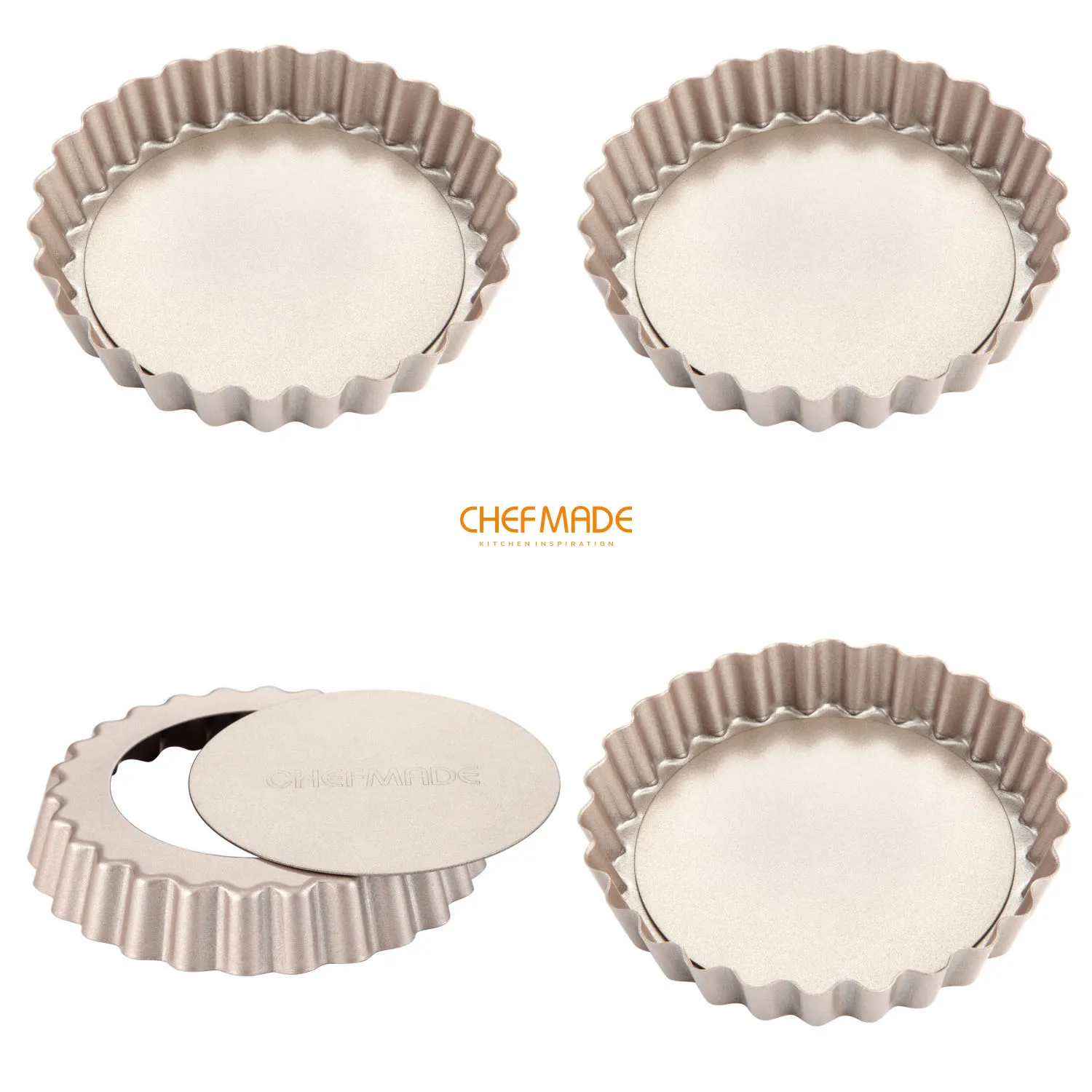 

CHEFMADE Mini Tart Pan Set ,4-Inch 4Pcs with Removable Loose Bottom Non-Stick Round Quiche Bakeware,FDA Approved