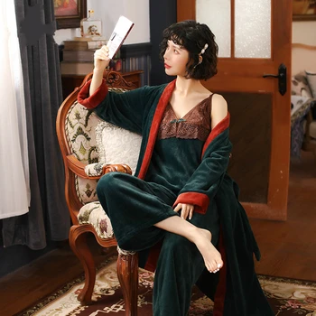 

Winter Pajamas for Women,Sexy Long Coral Fleece Robe Suspenders Kimon 3- piece Pajama Set Bathrobe Home Clothes Sleepwear