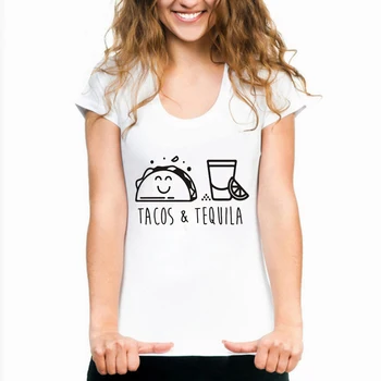 

LUSLOS Tacos & Tequila Shirt Women Summer Short Sleeve Food Tshirt Female Harajuku Tee Tops Casual White Super Soft Shirt