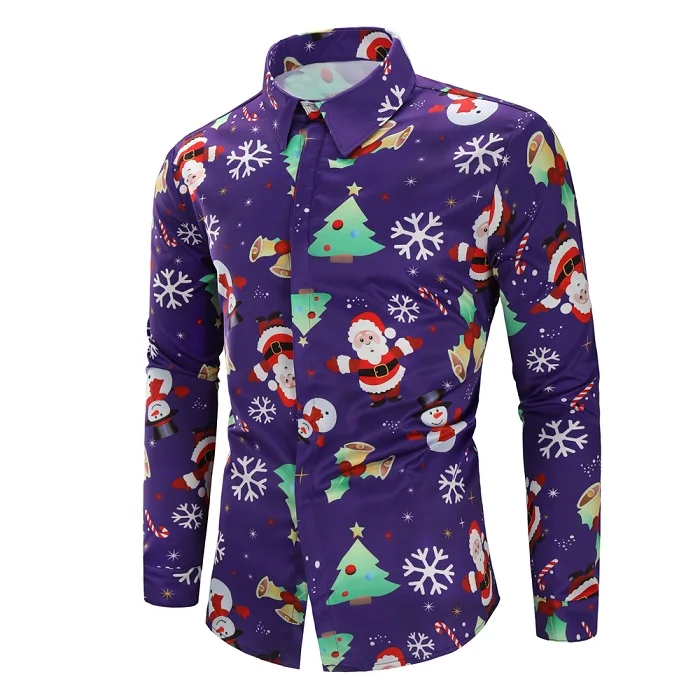 Purple Funnyshirt с принтом, с длинным рукавом, на пуговицах, Мужская одежда, повседневная, снежинки, Рождественская, Печать оленей, рубашка, новогодние, вечерние, блузки - Цвет: Purple