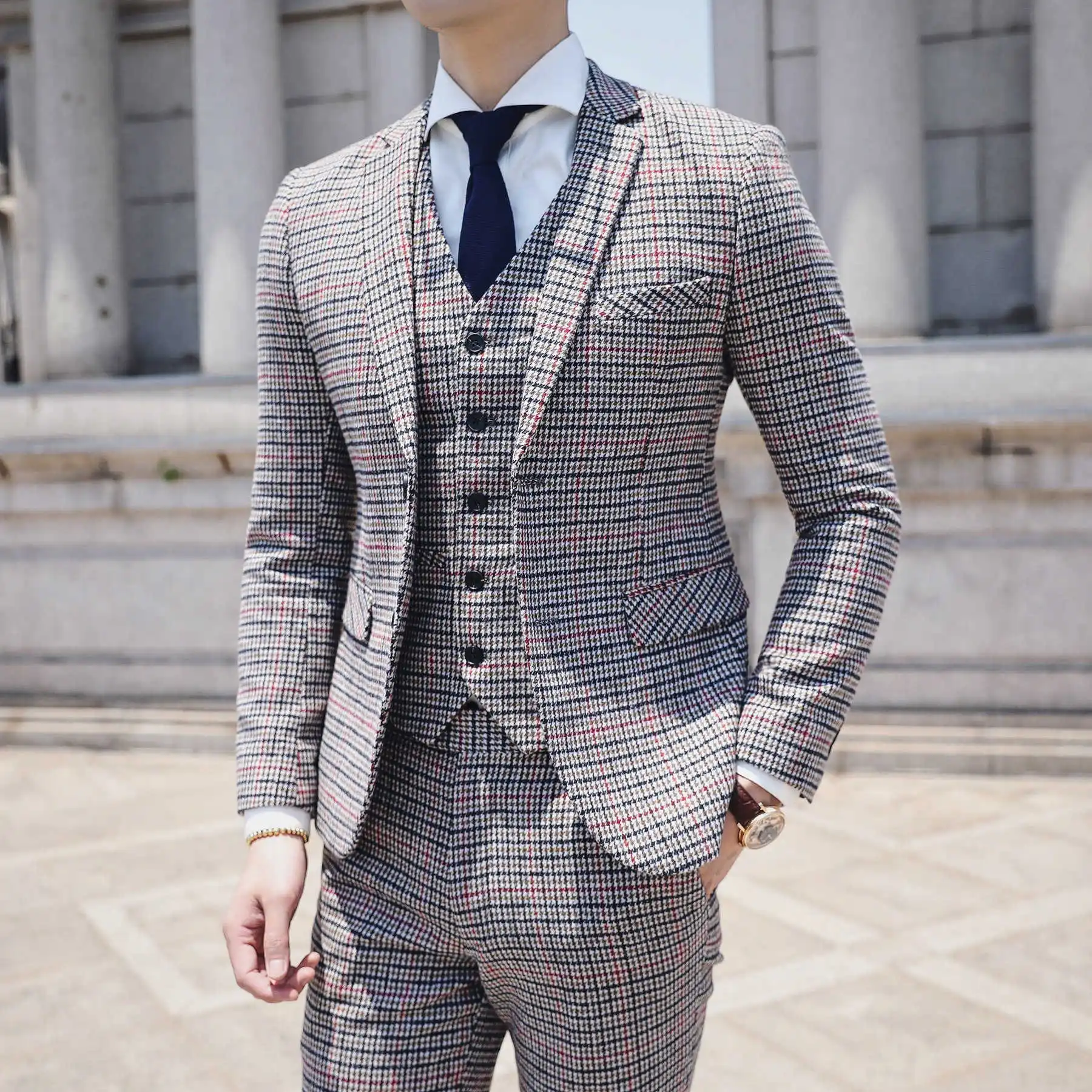 New British Retro Fine Lattice Slim Men's Suit Suit Fashion Men's Self-cultivation Business Casual Gentleman Groom Suit