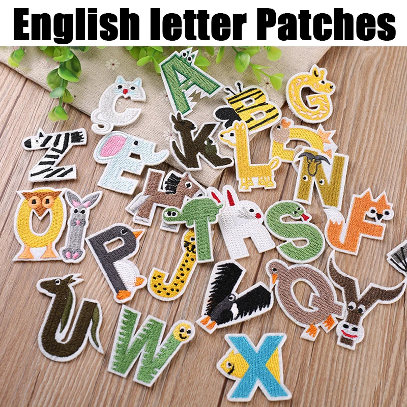 

A-Z Animal English Alphabet cute kids Letters Patches Iron on for Clothes Applique for Jacket Jeans scrapbooking DIY Patchwork