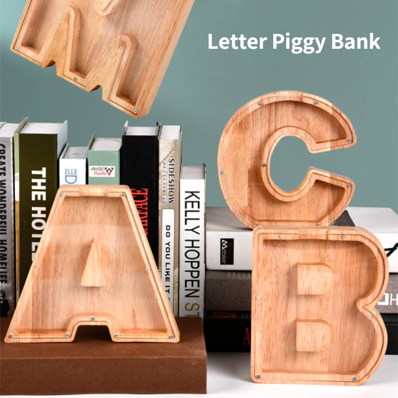 Wooden English Letter Piggy Bank Transparent Glass Money Bank
