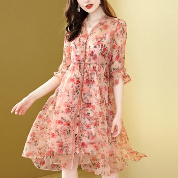 

Gedivoen Fashion Designer Summer Dress Women V Neck Floral Print Silk A Line Dress Vintage Party Midi Dresses Vestidos
