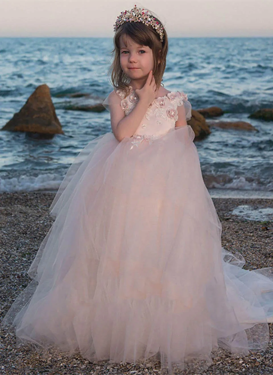 

Lace A Line Tulle Kids Formal Wear Girls Pageant Baby Children Party Dress O-Neck Flower Girls Dresses Hand Made Flowers Custom