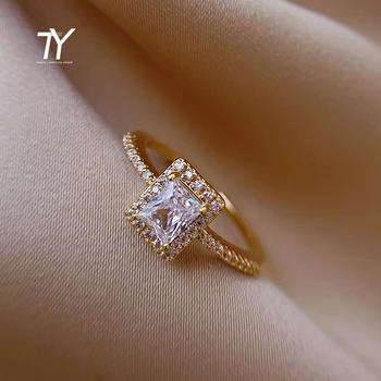 Exquisite Simple Square Zircon Gold Opening Rings For Woman 2021 Salary Gothic Jewelry Wedding Party Girls’ Luxury Student Ring