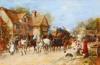 

3 Hand Painted Art Paintings by College Teachers - Changing Horses Heywood Hardy carriage rural scenes - Oil Painting on Canvas