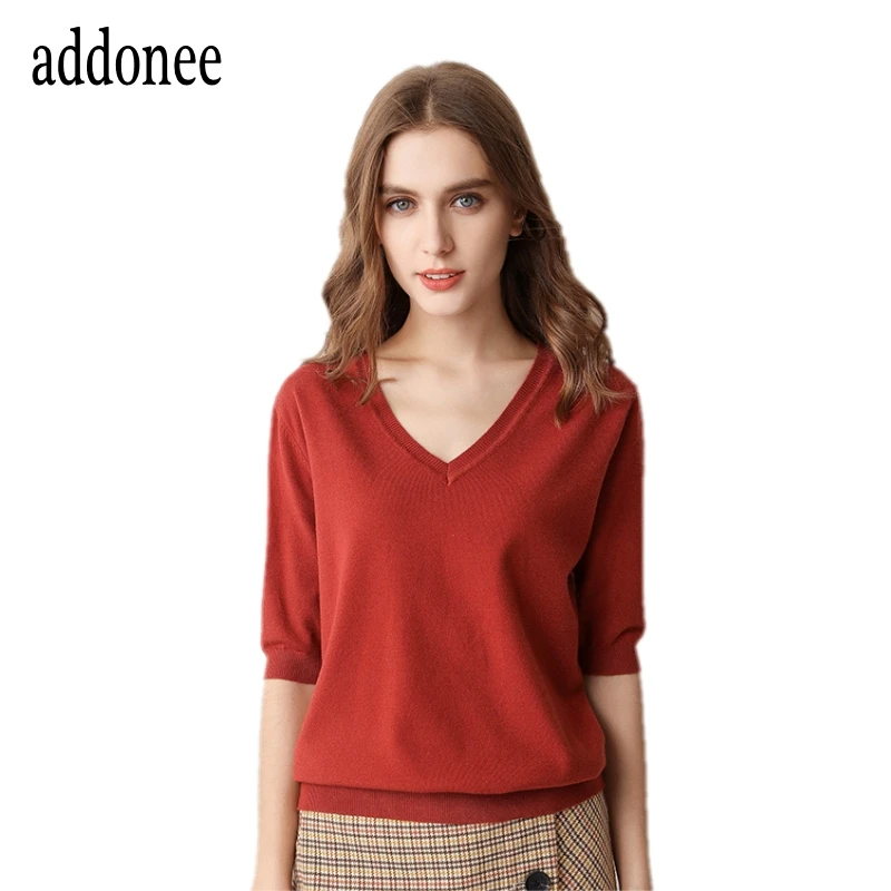 Весенний и летний женский вязаный свитер с коротким рукавом, модная Однотонная рубашка с v-образным вырезом, мягкий удобный крутой пуловер