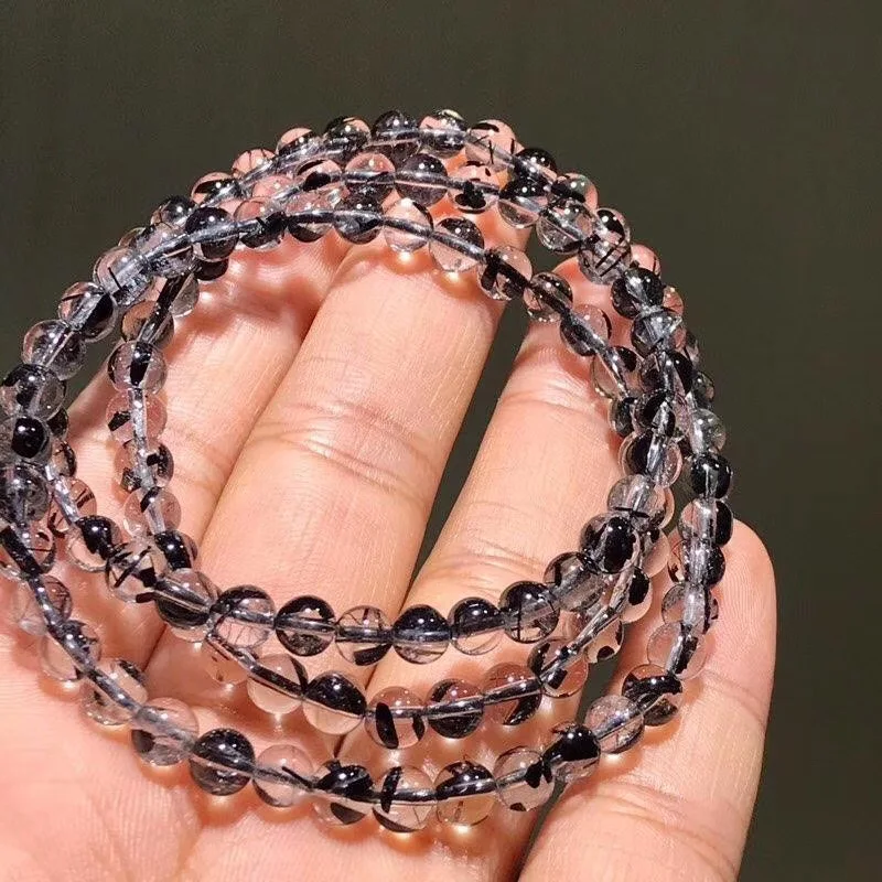 

5mm Natural Black Rutilated Quartz Bracelet Jewelry For Woman Lady Man Crystal Brazil 3 Laps Round Beads Gemstone Stretch AAAAA