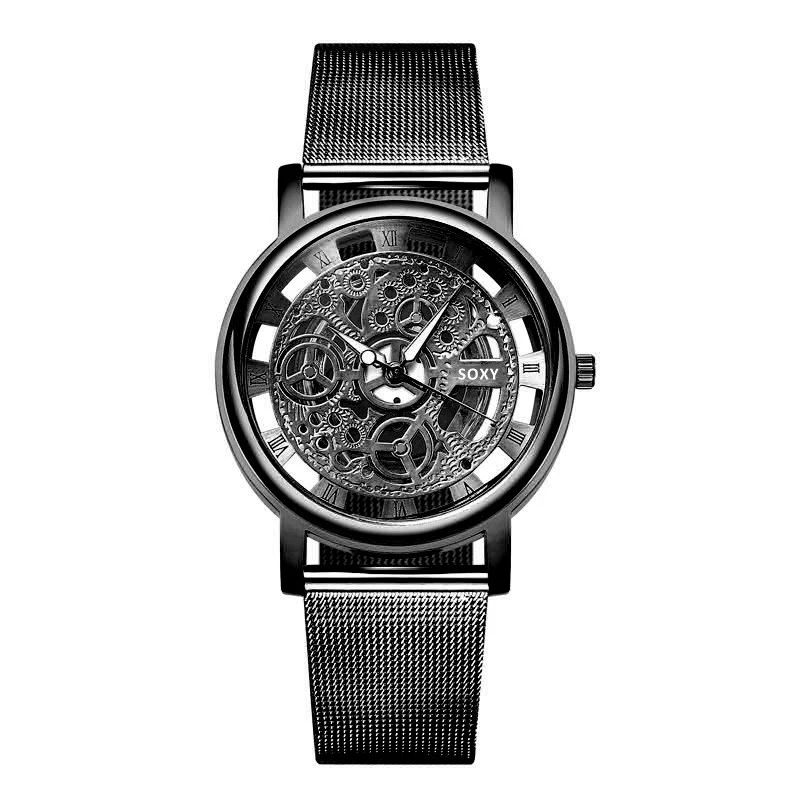 SOXY Роскошные мужские часы-скелетоны Бизнес наручные часы модные Montre Homme золотые наручные часы мужские стальные сетчатые мужские часы - Цвет: Черный