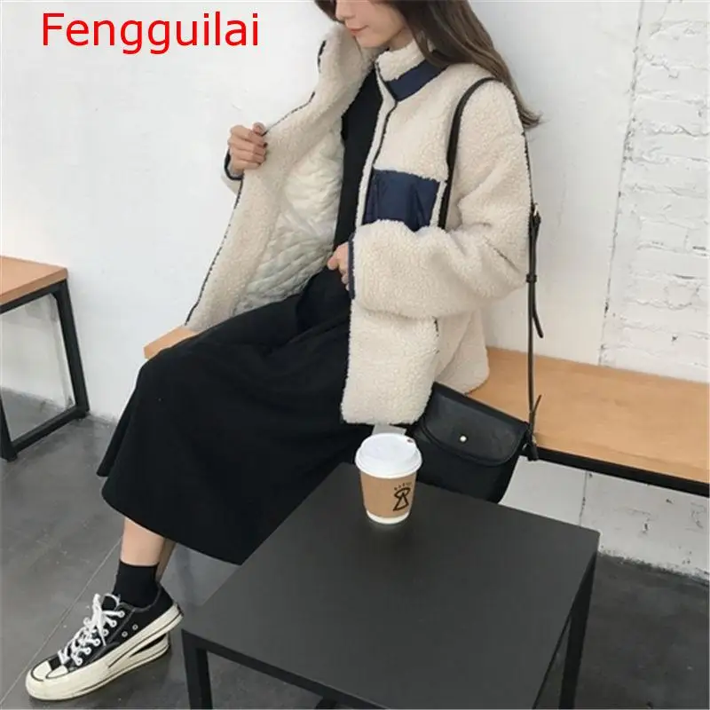 Fengguilai Осень Зима Новое Женское пальто Свободное милое дикое модное лоскутное с длинным рукавом в консервативном стиле с карманами Женское пальто
