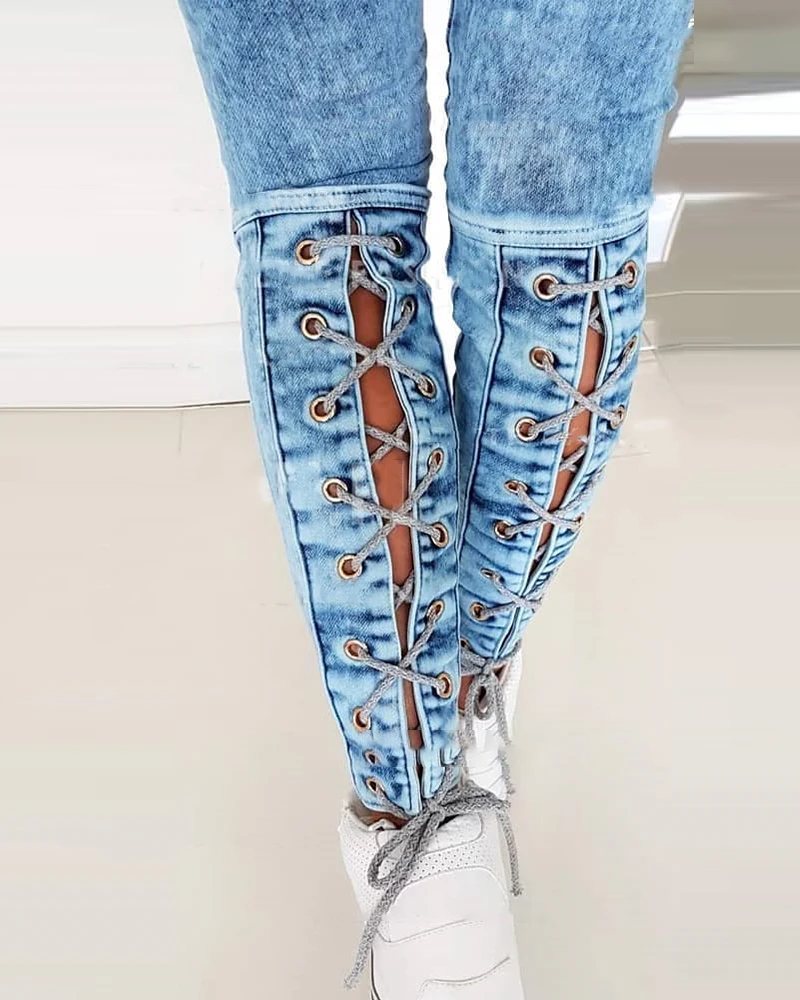 Spring Autumn Solid Women's Jeans Bandage Back Design Skinny Denim Pants Femme Vintage Bottom Lady Sexy Trousers 2022 New traf