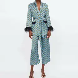 2019 Новое поступление Синий принт кимоно куртка широкие брюки свободные повседневные брюки v-образный вырез женские винтажные костюмы
