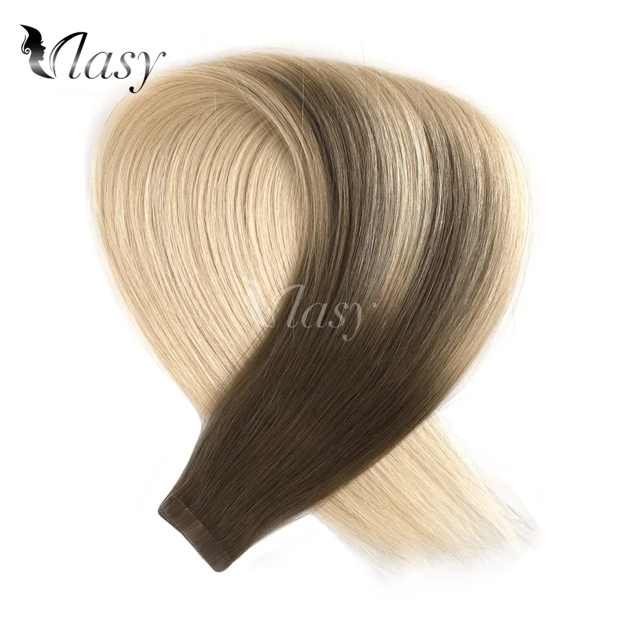 Vlasy 20'' Straight Tape In Human Hair Extension Remy Skin Weft Adhesive Hair Balayage Color Salon Style 2.5g/pc