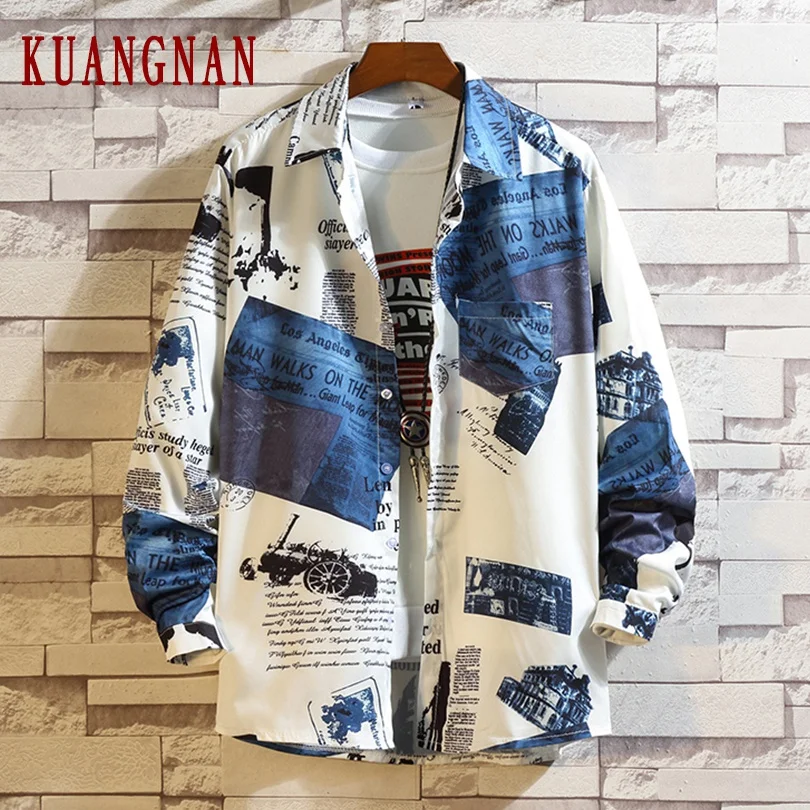 

KUANGNAN Fashion Print Shirt Men Fashions Men Shirt Long Sleeve Mens Shirts Casual Slim Fit 5XL Streetwear 2019 Autumn New