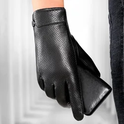 New Winter Goatskin Leather Gloves For Men Black Touch Screen Genuine Leather Gloves Motor Driving Mittens Male NR208