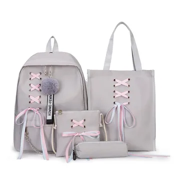 

Canvas bow large capacity backpack female 4 piece / set of webbing backpack bag for girls purse female student pencil case