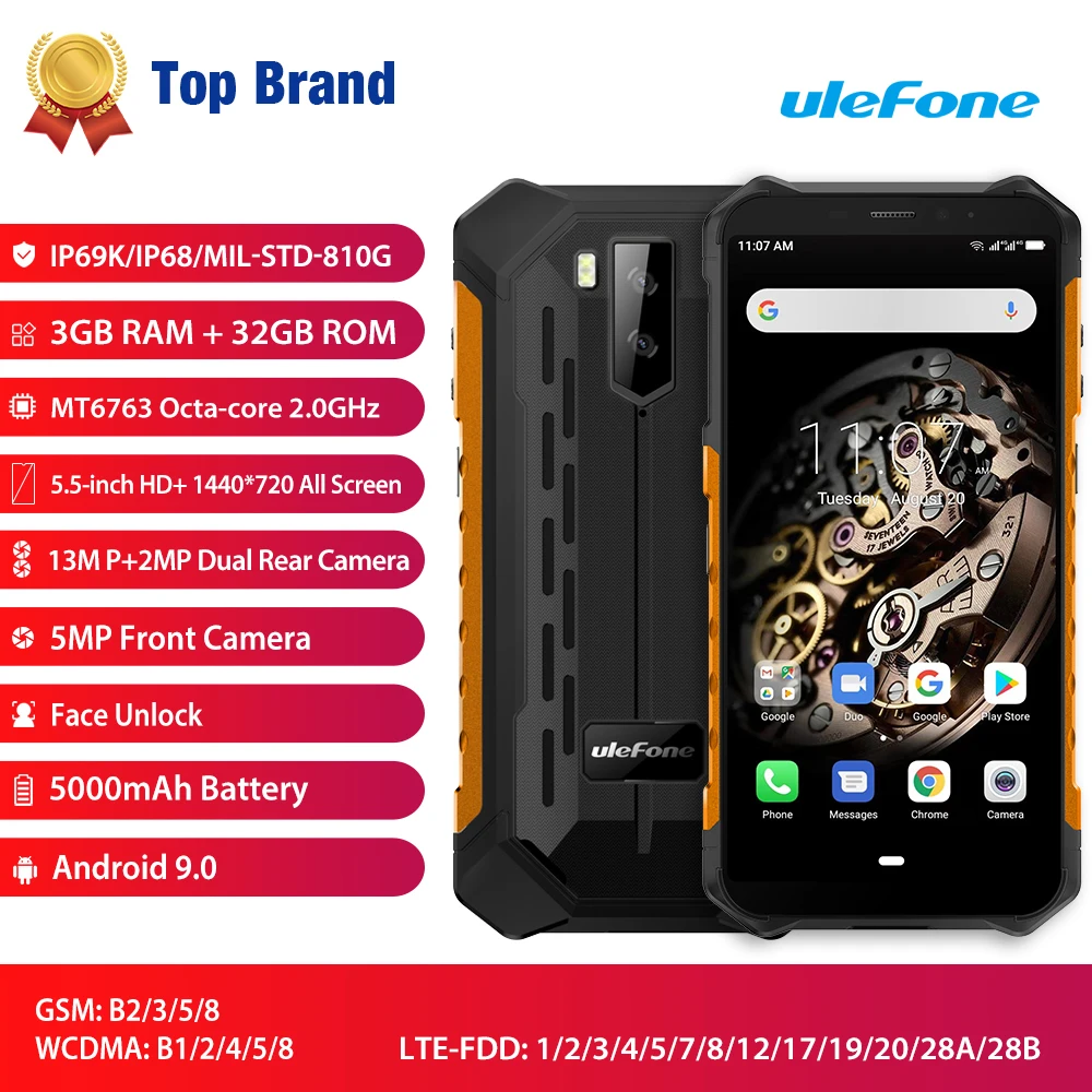 Ulefone Armor X5 IP68 IP69K водонепроницаемые мобильные телефоны Android 9,0 5," MT6763 Octa-Core 3 ГБ+ 32 ГБ NFC Face ID смартфон