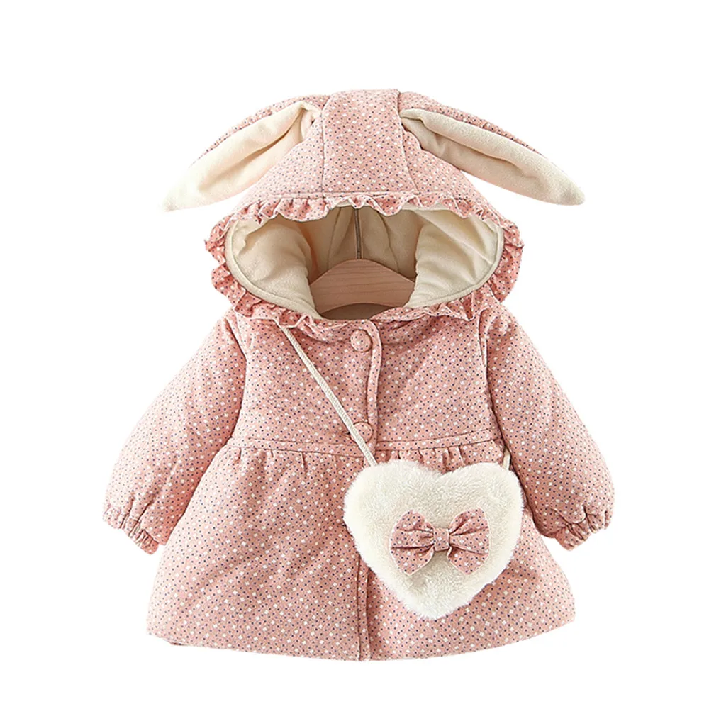 Детское пальто для маленьких девочек, одежда осенне-зимнее плотное теплое пальто в горошек с рюшами и заячьими ушками для маленьких девочек комплект с сумкой
