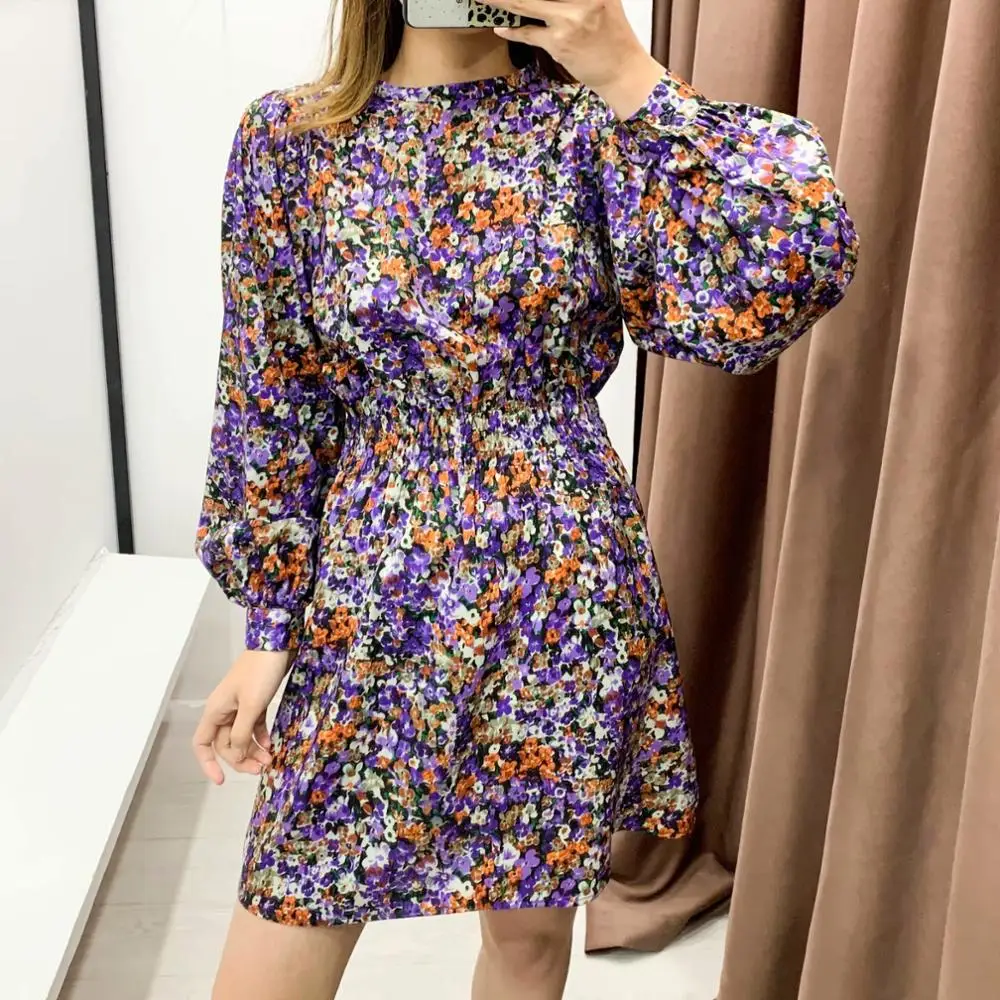 Najtaniej Nowe kobiety w stylu vintage, w kwiaty drukuj w pasie mini sukienka kobiece zakładki latarnia rękaw vestidos swobodny szyk wąskie sukienki DS3226