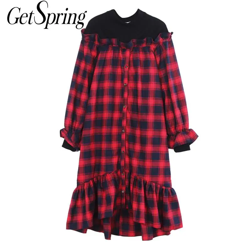 

GETSPRING Women Sweatshirt Lantern Sleeve O-Neck Sweatshirts Dresses Women Plaid Long Plus Size Fish Tail Sweatshirt Women 2019