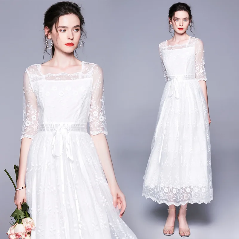 

Skirt Fairy Immortal MORI Series Retro Lace Half-sleeve Shirt Elegant Hipster Formal Dress Long Skirts White Dress Summer