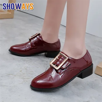

British Women Monks Red Black Patent Leather Round Toe Medium Square Heel Oxfords Casual Ladies Slip-on Buckle Strap Dress Shoes