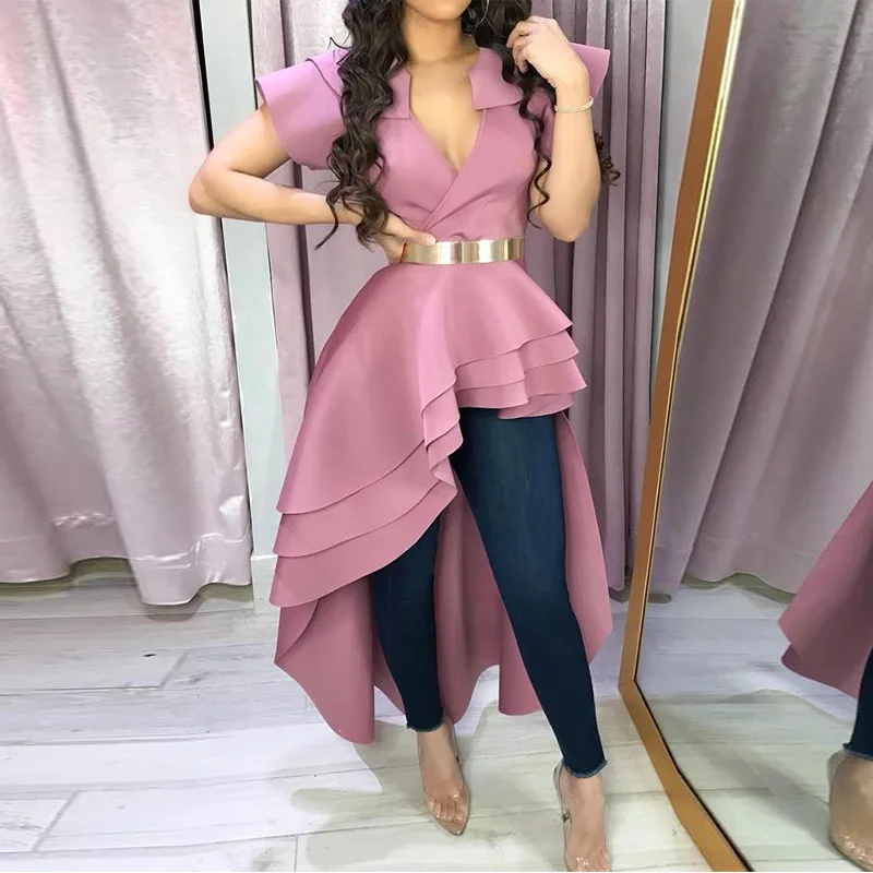

Ruffles Blouse Women Summer lace Pink Dip Hem Irregular Blouse 2020 New V Neck Short Sleeve Blouse Shirts With Belt Hem Tops
