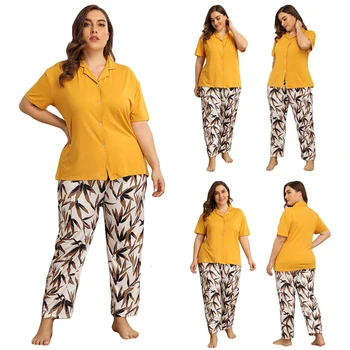 

2020 New Spring Summer Women Pajamas Set Simple Printed Leisure Wear Nightwear Short Sleeves Sleepwear Loungewear Tops+Pants New