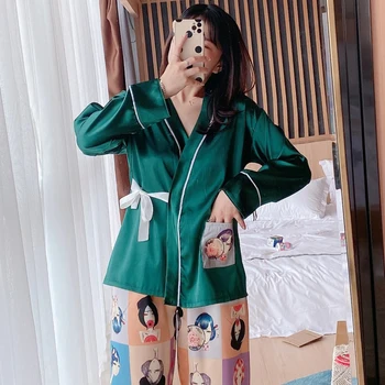 

Printed Pijama Girls Long Sleeve Women Kimono Pajama Set Faux Thin Pajamasset Winter Female 2020 Autumn Silk Sleepwear Cartoon