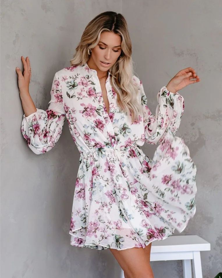 Vestido De gasa con estampado Floral para Mujer, Vestido Sexy De gasa con estampado Floral y botones en la cintura, con mangas abullonadas