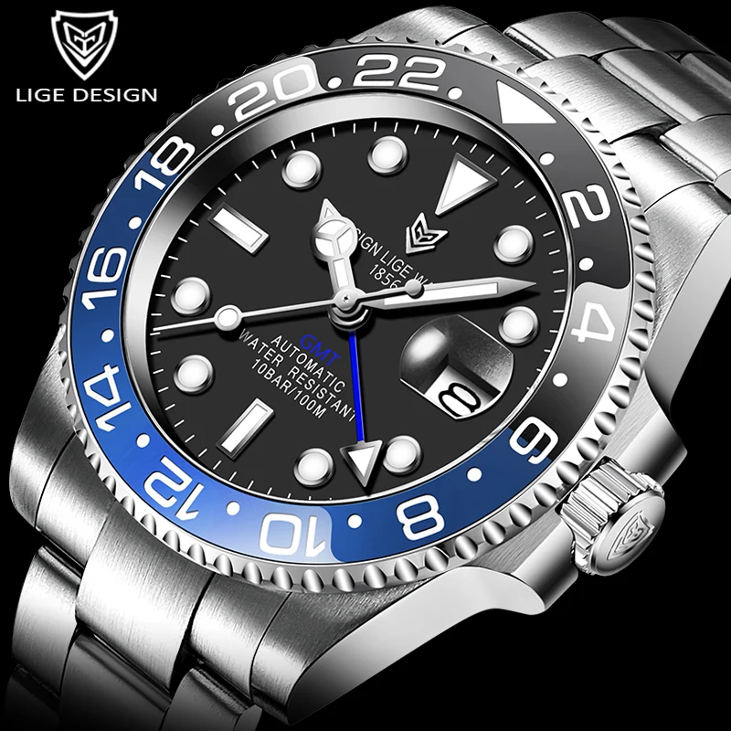 US $85.49 LIGE DESIGN 2020New GMT Watch Men Automatic Watch Ceramic Bezel Waterproof Sport Mechanical Wristwatch Sapphire Glass 316L Steel