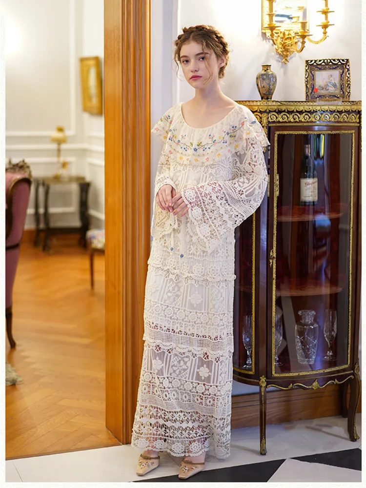 

SpringAutumn Women French Vintage Elegant White Long Dress Ladies Hollow Out Exquisite Embroidery Mori Girls Loose Knitted Dress