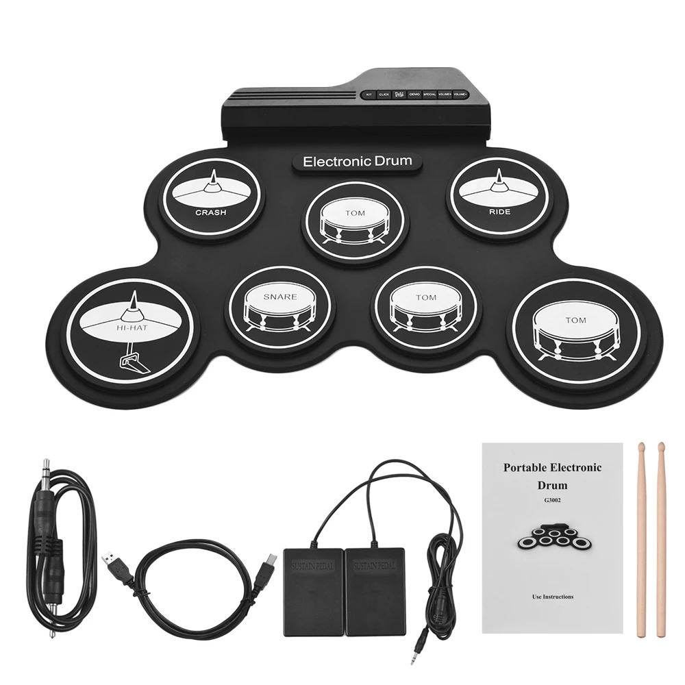 Festnight Portable USB Stereo Digital Electronic Drum Kit Set 7 Silicon Drum Pads Built-in Double Speakers Supports Recording Function with Drumsticks Foot Pedals 
