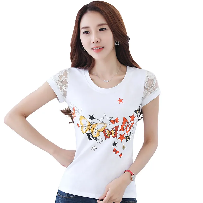 Camisetas Mujer 2021 летняя футболка для женщин с кружевом и стразами женские