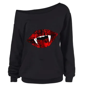

Women Halloween Gothic Punk Devil Teeth Printed Casual Hooded Unique Comfortable Chic Skew Collar Blouse Shirt #L10