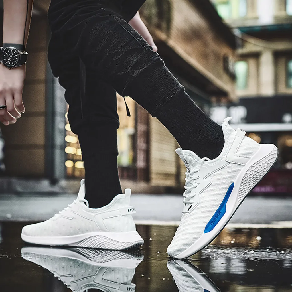Men's White running shoes Casual Fly Knit chunky sneakers Wear resistant Breathable Trend Wild Solid Walking Jogging Footwear